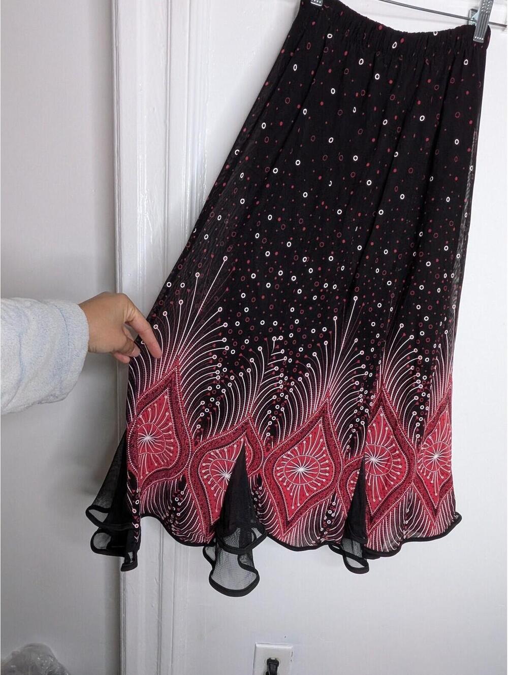 Boho Geometric Skirt S/M Black Red Chiffon Ruffle Layered Midi Flare Goth Fairy - Picture 3 of 6